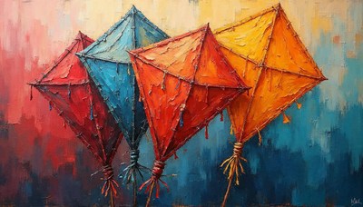 Colorful kites against a vibrant painted background