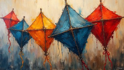 Colorful kites floating in the sky during a festival