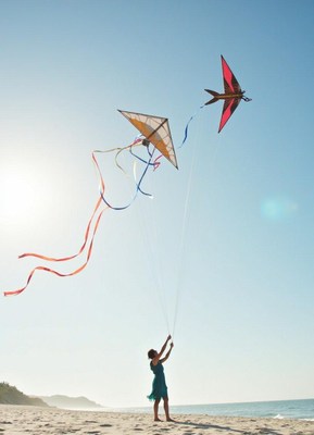 Enjoying a sunny day flying colorful kites on the beach