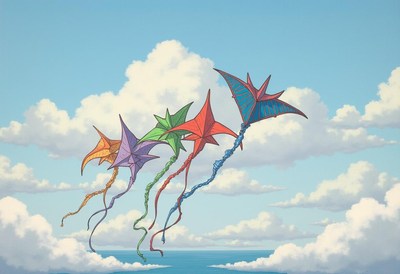 Kites soaring above a calm ocean during a sunny day