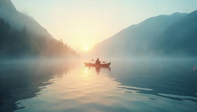 Kayaker enjoying sunrise over tranquil lake in mountains