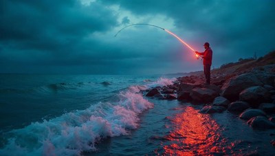 Evening fishing by the rocky shore under cloudy skies