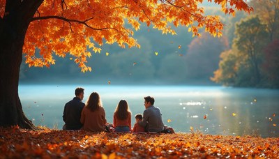 Family enjoys autumn day beside peaceful lake