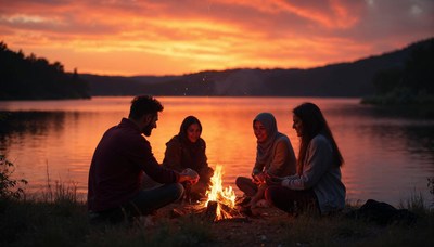 Friends gather around a fire at sunset by the lake