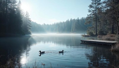 Serene lake with ducks swimming at dawn