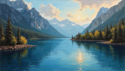 Mountain landscape with serene lake and vibrant sky