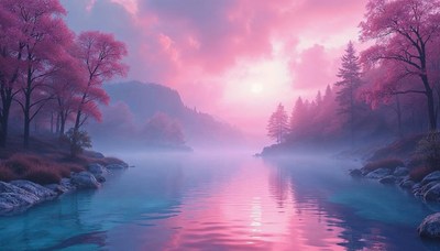 Serene lake reflecting pink and purple skies at sunset