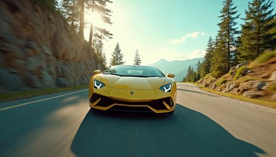 Sports car races on a mountain road at sunset