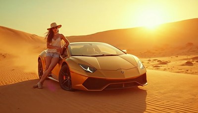 Luxurious sports car against desert sunset with model