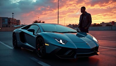 Luxury sports car parked during sunset with a stylish figure