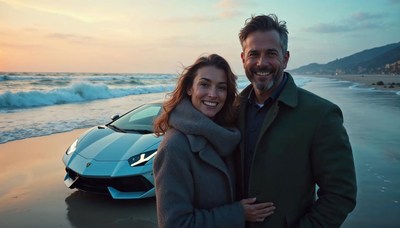 Couple enjoying sunset by the ocean with luxury car