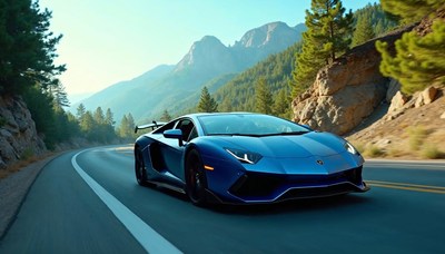 Luxurious sports car driving through mountain road