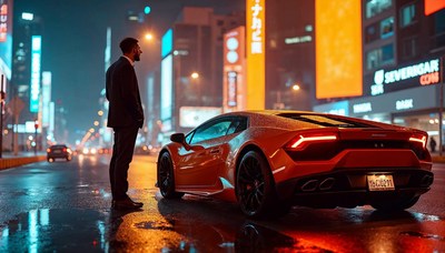 Stylish man admires luxury car in city at night