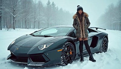 Luxury sports car and model in snowy forest setting