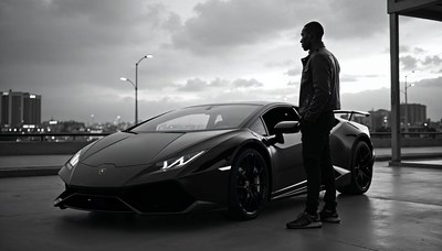Stylish man with a sleek sports car at sunset