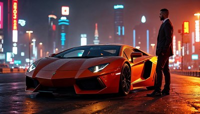 Luxury sports car parked on city street at night