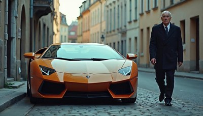 Elegant man walks past orange sports car in city street