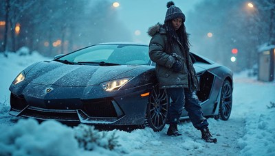 Luxury car parked in snowy urban landscape at dusk