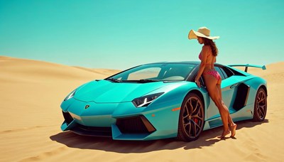 Luxurious car and model in a desert setting