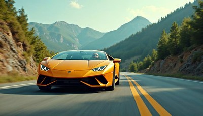 Sporty car drives through mountainous scenery on highway
