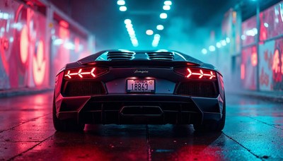 Sleek sports car illuminated by neon lights at night