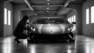 Woman admiring luxury car in industrial setting