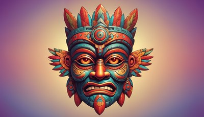 Colorful tribal mask with intricate designs and feathers