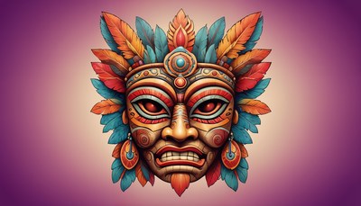 Colorful tribal mask adorned with feathers and jewels