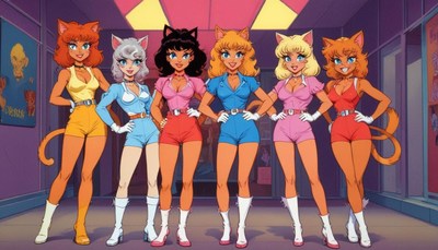 Cartoon characters in colorful outfits pose confidently