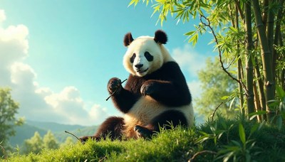 Panda enjoys a bamboo snack in a lush green setting