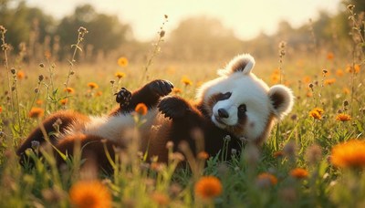 Panda plays in a vibrant flower field at sunset