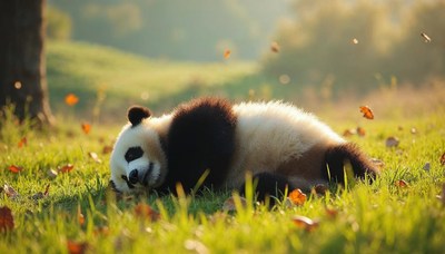 Panda napping peacefully in a sunlit grassy field