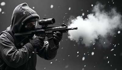 Individual in hoodie firing a rifle in a snowy setting