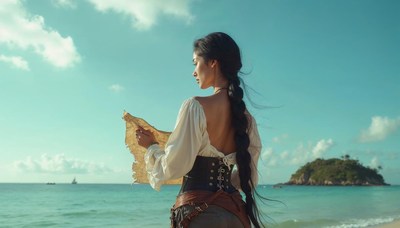 Woman reading a treasure map on a sunny beach