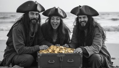 Friends enjoying treasure on the beach at sunset