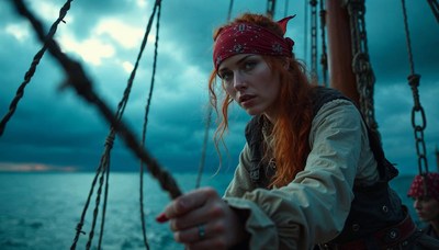 Pirate character engaged in sailing adventure at dusk
