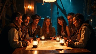 Pirates strategize around a map in a dimly lit cabin