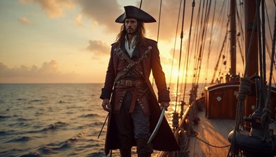 Pirate captain standing on deck during sunset at sea