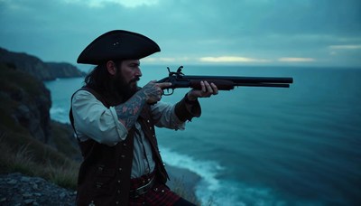 Pirate aiming a rifle by the sea at dusk