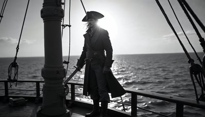 Pirate standing on a ship's deck against the sunset