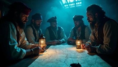 Pirates strategizing around a treasure map in dim light