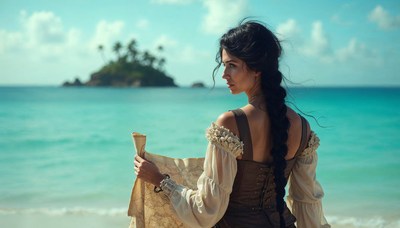 Woman in historical attire enjoying beach view with island