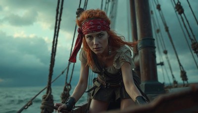 Adventurous pirate navigating stormy seas on a ship
