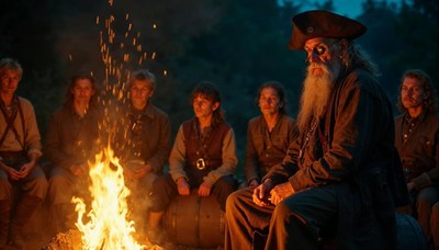 Pirates gather around a campfire during a night celebration
