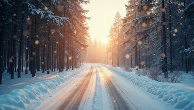 Snowy forest road at sunset during winter season