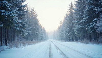 Snowy road lined with tall pine trees in winter