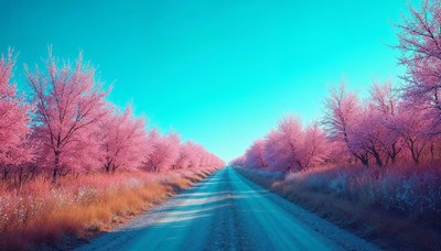 Road through pink trees under a bright blue sky