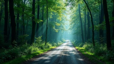 Serene forest road illuminated by soft morning light