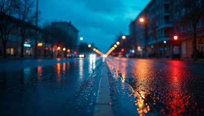 Urban street illuminated by rain at night