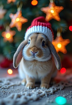 Cute rabbit wearing a festive hat in holiday setting